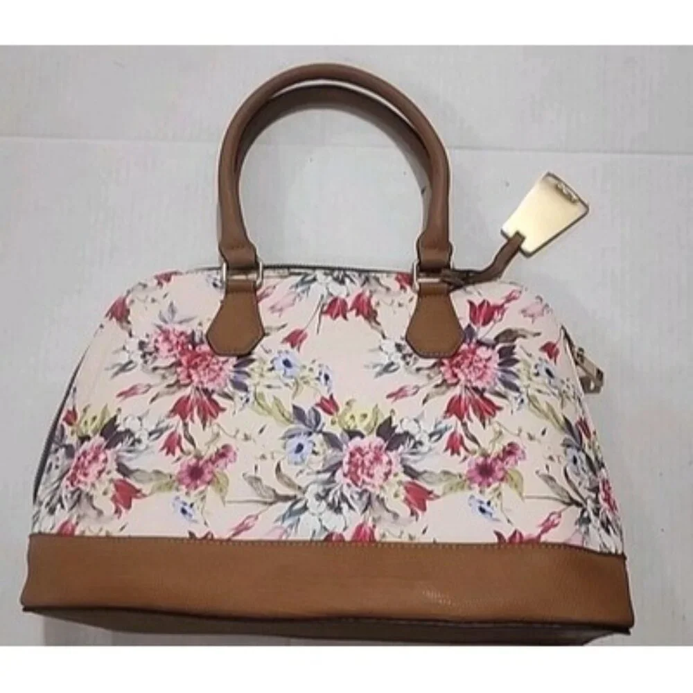 Floral Print Satchel Handbag in Cream and Brown